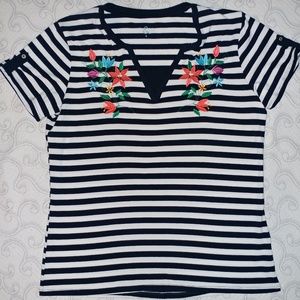 Black & White striped shirt with flower stitching